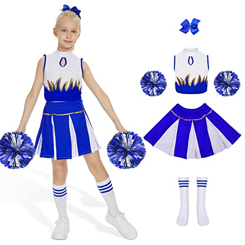 WELLCHY Cheerleader Kostüm Kinder, Cheerleadering Outfit Mädchen, Cheerleading Kleid Cheer Uniformen mit Pompoms, Socken und Haarzubehör, Kinder Cheer Outfit Karneval Kostüm für 8-13 Jahre (Blau, 160) von WELLCHY