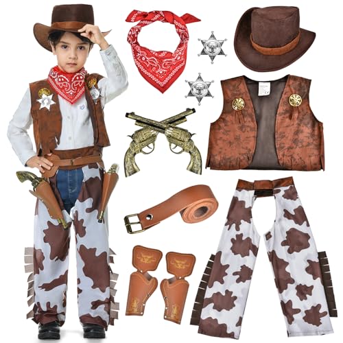 WELLCHY Cowboy Kostüm Kinder, 11 Stück Western Cowboy Set Kostüm, Cowboy Costume Kinder mit Cowboy Hut Cowboy Weste Cowboy Halstuch Gürtel für Karneval, Cosplay Party, Bühnenshows (A, M) von WELLCHY