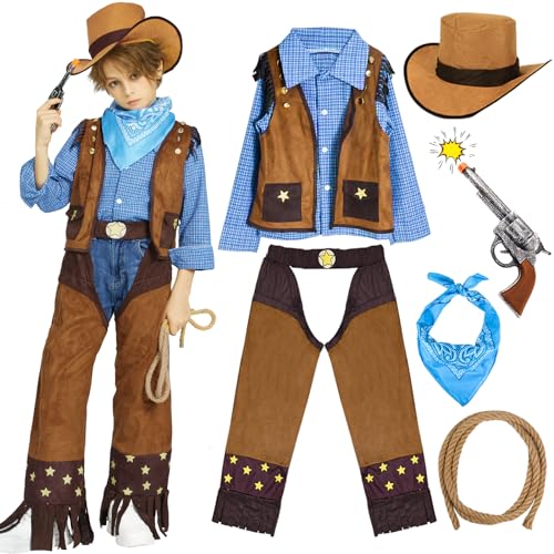 WELLCHY Cowboy Kostüm Kinder, Western Cowboy Set Kinder mit Cowboy Hose Hemd Weste Hut Halstuch Spielzeug Zubehör, Cowboy Faschingskostüme Kinderkostüme für Karneval Cosplay Party Dress Up (Blau, 110) von WELLCHY