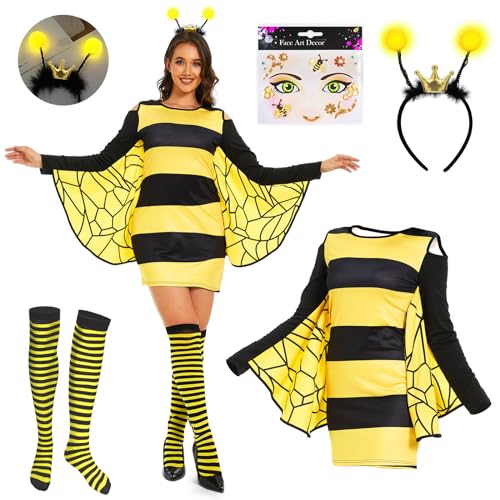 WELLCHY Damen Karneval Biene Kostüm, Biene Damenbekleidung, Gestreifte Strümpfe, Aufkleber, Haarbänder, Cosplay Bienenkostüm Damenkleid für Erwachsene, Fasching, Mottoparty von WELLCHY