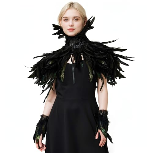 WELLCHY Federkragen Schwarz Damen, Schwarzer Natürlicher Feder Cape, Black Swan Kostüm mit Feder Achselzucken und Feder Manschetten für Karneval, Gotische Kleiderparty (B) von WELLCHY