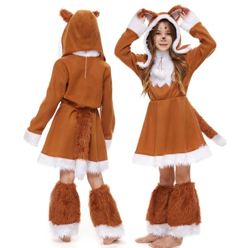 WELLCHY Fuchs Kostüm für Kinder, Fuchs Tier Kleid Accessoires mit Hut und Schwanz, Dschungel Fuchs Eichhörnchen Kostüm Set für Mädchen 4-12 Jahre Karneval, Halloween, Cosplay (S) von WELLCHY