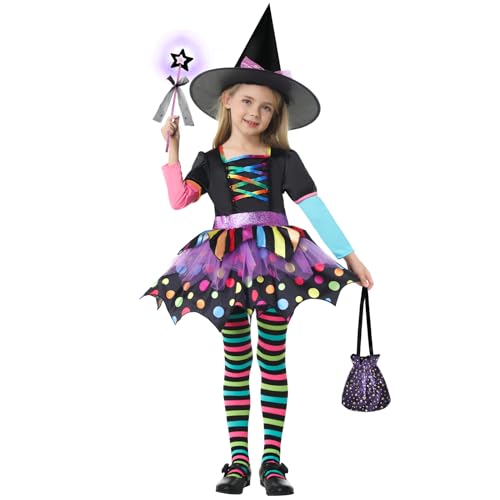 WELLCHY Hexen Kostüm Mädchen, Kinderkostüm Bunte Hexe, Hexenkleid Regenbogen, Neonbunte Hexe Fancy Kleider mit Zubehör für Mädchen, Fasching, Cosplay, Mottoparty, Karneval (L) von WELLCHY