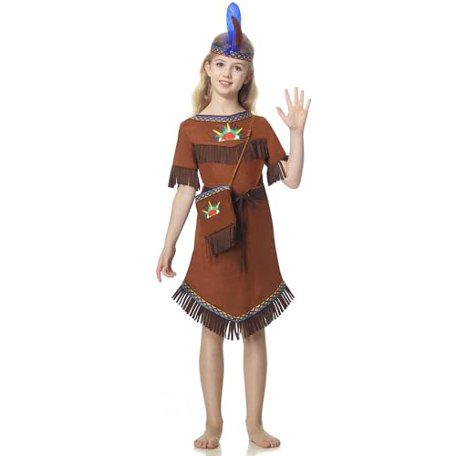 WELLCHY Indianer Kleid mit Indianer Kopfschmuck Feder, Indianer Kostüm Kinder Mädchen, Indianer Kleid Damen mit Taschen, Faschingskostüm Indianer für Karneval Fasching Party Cosplay (XL) von WELLCHY