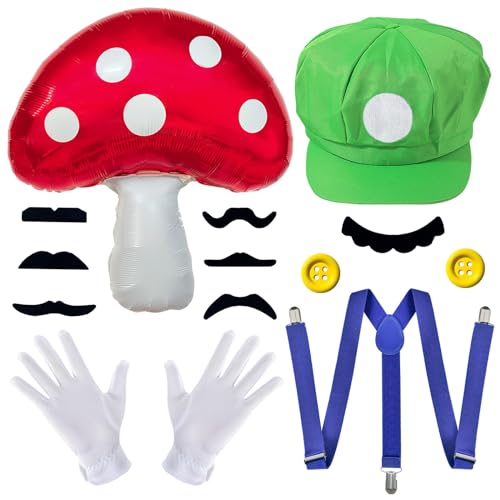 WELLCHY Mütze Rot und Grün, Super Mario Luigi Kostüm mit Handschuhen, Bärten, Knöpfen, Trageriemen, Pilz Accessories, Luigi Mütze Karneval Fasching Mützen Set für Kinder Erwachsenen Cosplay von WELLCHY