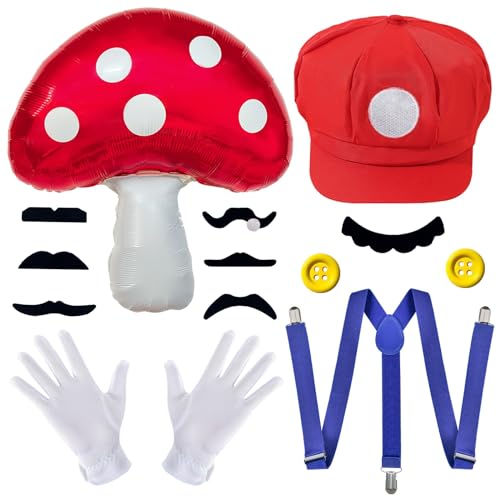 WELLCHY Mütze Rot und Grün, Super Mario Luigi Kostüm mit Handschuhen, Bärten, Knöpfen, Trageriemen, Pilz Accessories, Luigi Mütze Karneval Fasching Mützen Set für Kinder Erwachsenen Cosplay von WELLCHY