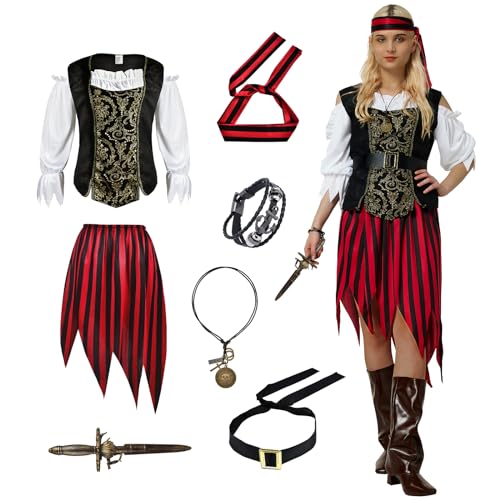 WELLCHY Piraten Kostüm Damen, Piratin Kostüm Erwachsene, Piraten Kleid Set mit Piraten Oberteil, Rock, Piraten Kopftuch, Gürtel, Halskette, Armband für Halloween und Karneval (M) von WELLCHY
