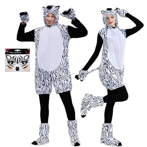 WELLCHY Zebra Kostüm Set, Zebrakostüm Erwachsene mit Gesicht Aufkleber, Tierkostüm für Karnevalskostüme, Zoo Dschungel Kostüm für Unisex Adulte, Lustige Kostüme für Deine Partys Karneval Fasching (M) von WELLCHY