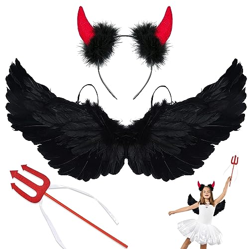 Teufel kostüm, Teufel Flügel Damen, Engel Flügel Schwarz Teufelshörner Teufelgabel, Halloween Kostüm Damen, Teufelskostüm für Damen, Schwarz Engelsflügel für Halloween Fasching Karneval von WELLXUNK