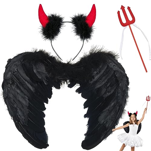 WELLXUNK Teufel kostüm, Teufel Flügel Damen, Engel Flügel Schwarz Teufelshörner Teufelgabel, Halloween Kostüm Damen, Teufelskostüm für Damen, Schwarz Engelsflügel für Halloween Fasching Karneval von WELLXUNK