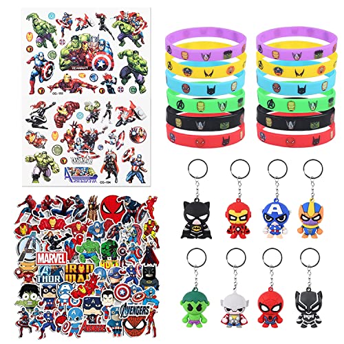 72PCS Superheld Avengers Party Mitgebsel Kinder, Avengers Schlüsselanhänger, Avengers Aufkleber Kinder, Silikon Armbänder, Avengers Themen Party Gefälligkeiten Set, für Kinder Jungen Mädchen von WELLXUNK