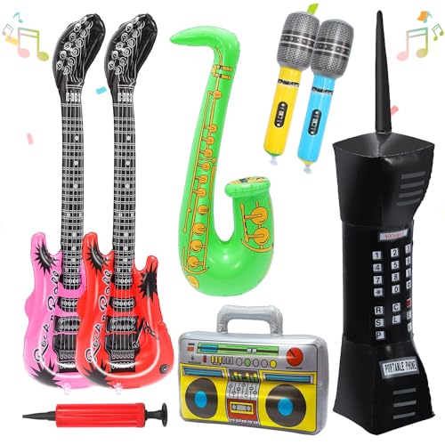 Aufblasbare Rock Instrumente Spielzeug, 8 Stück Aufblasbares Musikinstrumente, Luft Gitarren, Aufblasbares Handy, Aufblasbare Radio, Aufblasbare Mikrofone, Aufblasbares Saxophon von WELLXUNK