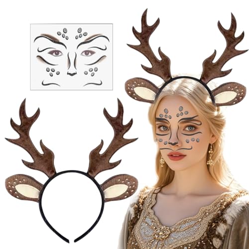 Rentier Haarreifen, Reh Kostüm Kopfschmuck Haarreifen, Rentier Haarreif mit Ohren, Reh Gesichtstattoo für Fasching Mottoparty Cosplay Halloween von WELLXUNK