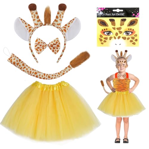 WELLXUNK 5 Teiliges Giraffen Kostüm für Kinder, Giraffen Kostüm Set, Giraffen Tierkleid Kostüm mit Giraffenohr Stirnband, Fliege, Schwanz, Gesichtsaufkleber für Karneval Geburtstag Dschungelparty von WELLXUNK