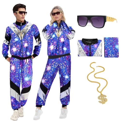 WELLXUNK 80er 90er Jahre Outfit Herren Damen, Kostüm 80s Tracksuit Disco Jacke und Hose, 80s 90s Kostüm Trainingsanzug Set mit Jacke, Hose, Halsketten, Brille für Karneval Bad Taste Party von WELLXUNK