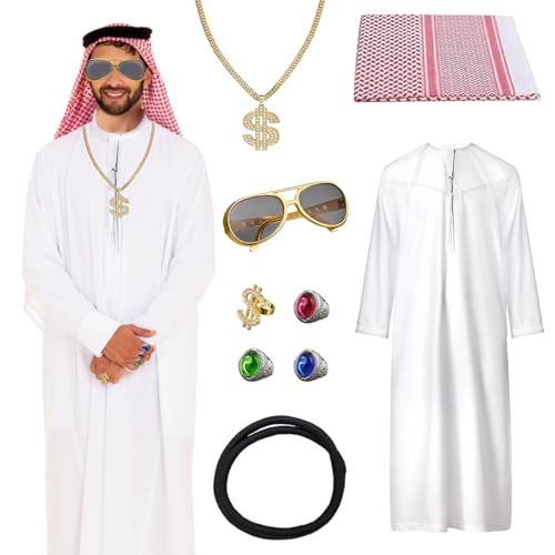 WELLXUNK Scheich Kostüm Herren, Kostüm Scheich Araber, Araber Kostüm mit Kopftuch, Sonnenbrillen, Finger Ring, Halsketten, Arabisches Weißes Gewand, Karneval Araber Kostüm für Cosplay von WELLXUNK