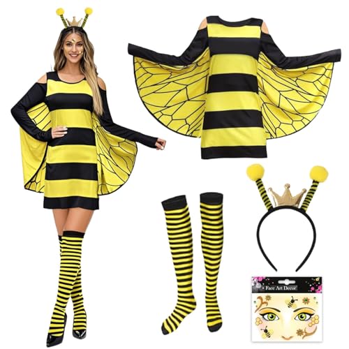 WELLXUNK Bienen Kostüm Damen, Erwachsene Faschings Kostüme Biene mit Haarreif, Bienenaufklebern, Gestreifte Überkniestrümpfe, Bienenkostüm Accessoires für Karneval Party Cosplay von WELLXUNK