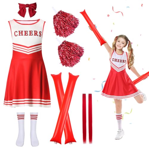 WELLXUNK Cheerleader Kostüm Kinder, Cheerleadering Outfit Mädchen, Cheerleading Uniform Kleid mit Pompoms, Socken und Kopfschmuck für Karneval Halloween, Fasching, Mottoparty. von WELLXUNK