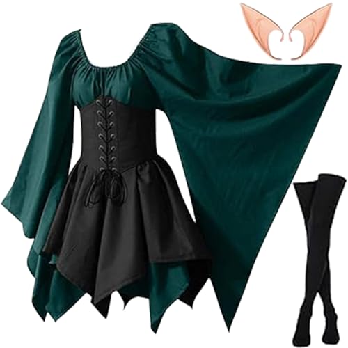 WELLXUNK Traditionelles Irisches Kleid, Renaissance Elfen Kostüm, Cosplay Renaissance Kleid Kostüm mit Elfenohren, Overknee Socken, Gothic Kleid Damen für Halloween Karneval Cosplay von WELLXUNK