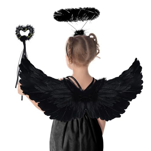 Engel Flügel, 60 cm Schwarz Engels flügel Kostüm, Engelsflügel Party Kostüme Deko mit heiligenschein und Zauberstab, Federflügel Engel, für Karneval Cosplay Party Fasching Kostüme(Schwarz) von WELLXUNK