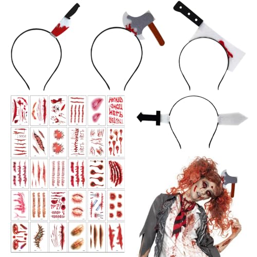 WELLXUNK 4 Stück Halloween Horror Haarreif, Halloween Messer im Kopf, 30 Halloween Tattoo Narben, Horror Haarreif Set, Halloween Grusel Accessoires mit für Fasching Karneval Kostüm Party Cosplay von WELLXUNK