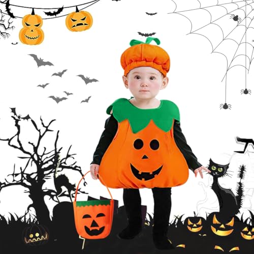 WELLXUNK Halloween Kürbis Kostüm Kinder, Kürbis-Kostüm Kinder für Halloween, Kinder Kürbiskostüm mit Hut, Unisex KostümKürbis mit Pumpkin Candy Bag, Kürbisse Halloween Kostüm Mädchen Jungen von WELLXUNK