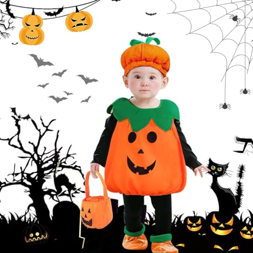 WELLXUNK Halloween Kürbis Kostüm Kinder, Kürbis-Kostüm Kinder für Halloween, Kinder Kürbiskostüm mit Hut, Unisex KostümKürbis mit Pumpkin Candy Bag, Kürbisse Halloween Kostüm Mädchen Jungen von WELLXUNK