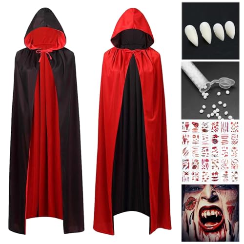 WELLXUNK Halloween Vampir Umhang mit Kapuze, 140cm Halloween Vampir Kostüm Umhang mit 30 Temporäre Tattoos und 4 Vampirzähne, Schwarz Rot Doppelseitig Mit Kapuze Umhang für Halloween, Karneval von WELLXUNK