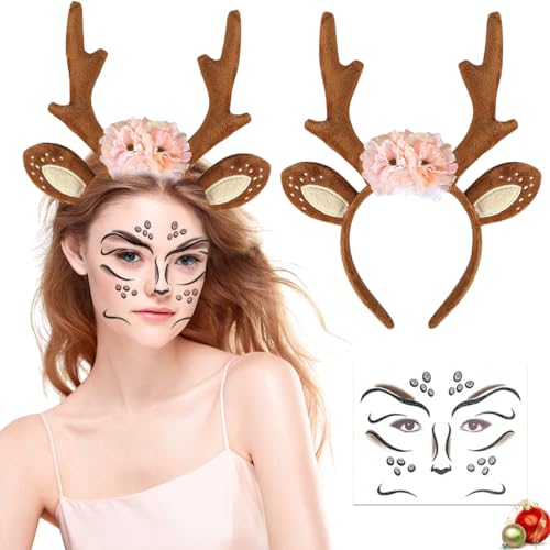 WELLXUNK Karneval Kostüm Damen Mädchen, Haarreif Reh Geweih Hörner Rehohren mit Blumen + Reh Gesichtstattoo, Reh Haarband Haarschmuck, Damen Kinder Reh kostüm Kopfschmuck für Fasching Mottoparty von WELLXUNK