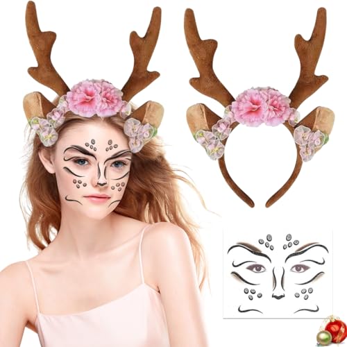 Reh Haarband Haarschmuck, Geweih Haarreif Rentier Damen Kinder Kostüm, Rentier Haarreif mit Ohren + Reh Gesichtstattoo, Karneval Kostüm Damen Mädchen für Fasching Mottoparty Cosplay Halloween von WELLXUNK