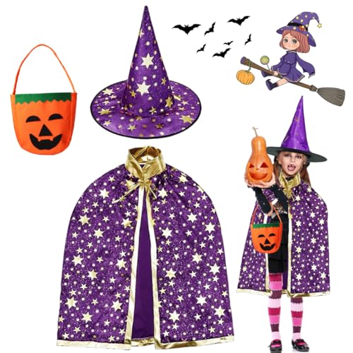 WELLXUNK Kinder Halloween Kostüm, Hexen Mantel, Zauberer Kostüm Kinder, Hexe Zauberer Umhang mit Hut, Kürbis Candy Bag, Kinder Wizard Cape Witch Mantel, Halloween Umhang Kinder für Karneval Cosplay von WELLXUNK