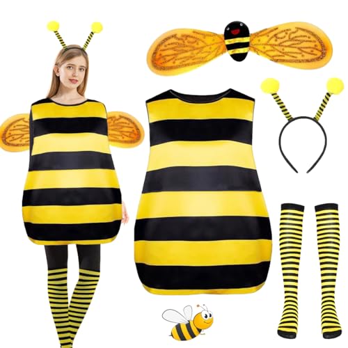 WELLXUNK Damen Bienen Kostüm Erwachsene Faschings Kostüme Biene mit Haarreif, Bienenaufklebern, Gestreifte Überkniestrümpfe, Bienenkostüm Accessoires für Karneval Party Cosplay von WELLXUNK