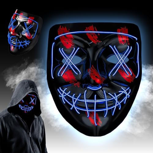 WELLXUNK Halloween LED Grusel Maske, LED Maske mit 3 Leuchtmodi, LED Halloween Maske, Neon Maske, Horror LED Leucht Maske, LED Purge Maske im Dunkeln Leuchtend, für Halloween, Fasching & Karneval von WELLXUNK