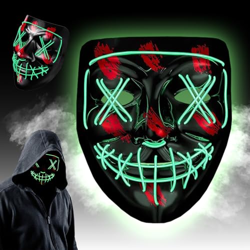 WELLXUNK Halloween LED Grusel Maske, LED Maske mit 3 Leuchtmodi, LED Halloween Maske, Neon Maske, Horror LED Leucht Maske, LED Purge Maske im Dunkeln Leuchtend, für Halloween, Fasching & Karneval von WELLXUNK