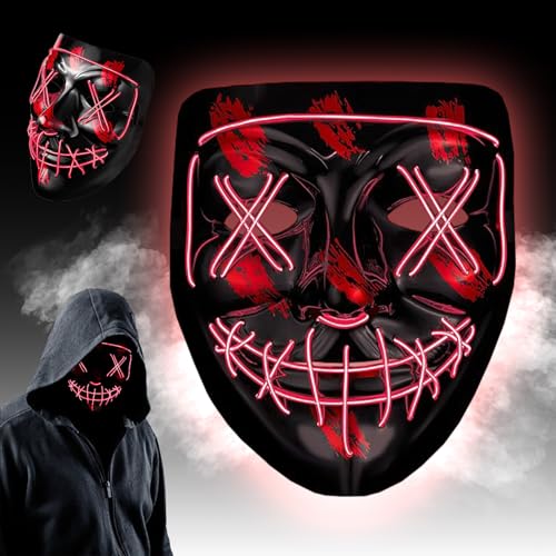 WELLXUNK Halloween LED Grusel Maske, LED Maske mit 3 Leuchtmodi, LED Halloween Maske, Neon Maske, Horror LED Leucht Maske, LED Purge Maske im Dunkeln Leuchtend, für Halloween, Fasching & Karneval von WELLXUNK