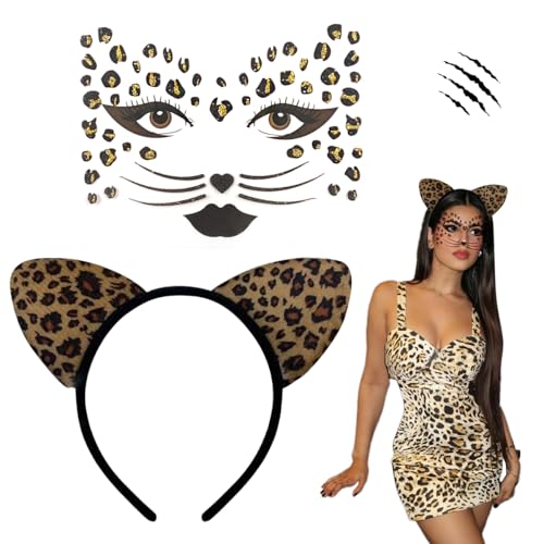 WELLXUNK Leoparden Kostüm Set, Leopard Gesichts Kunst Aufkleber, Leoparden Kostüm Zubehör, Haarreif Leopard Ohren, Damen Tier kostüm Kinder Karneval kostüm Fasching Halloween Motto Cosplay von WELLXUNK