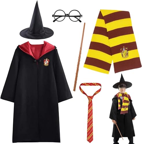 WELLXUNK Magier Robe, Gryffindor Uniform, Halloween Zauberer Kostüm, Zauberroben für Kinder, inklusive Umhang Brille Zauberhut Schal Krawatte Zauberstab, für Karneval Halloween Cosplay (155/XL) von WELLXUNK