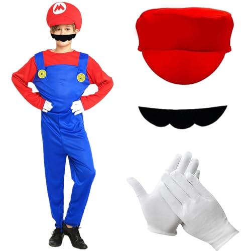 WELLXUNK Mario Karneval Halloween, Mario Cosplay Kostüm, Mario Kostüm Kinder Jungen Mädchen, Mario Kostüm, Kostüm Kinder Mario, Cap, Schnurrbart, Hose und Handschuhen, Karneval Cosplay Kost von WELLXUNK