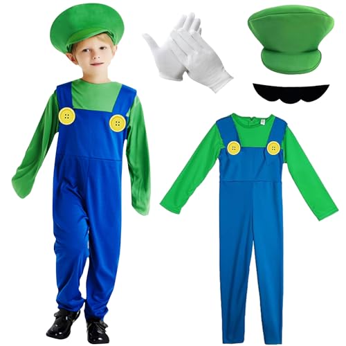 WELLXUNK Mario Karneval Halloween, Mario Cosplay Kostüm, Mario Kostüm Kinder Jungen Mädchen, Mario Kostüm, Kostüm Kinder Mario, Cap, Schnurrbart, Hose und Handschuhen, Karneval Cosplay Kost von WELLXUNK