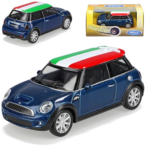 Welly Mini Cooper New Neu 2. Generation Ab 2006 Blau Mit Flagge Italien 1/43 Modellauto Modell Auto von Welly