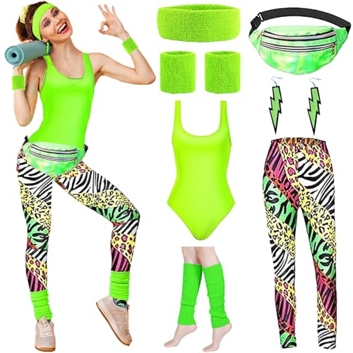 WENAUANG LUKIUP 80er 90er Jahre Outfit Damen, 80er Jahre Outfit Damen Mottoparty mit Leggings, Beinwärmer, Gürteltasche, für Neon Thema Party Karneval Damen Frauen von WENAUANG