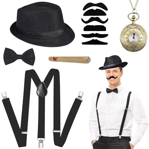 WENAUANG 1920er Jahre Kostüm Herren Accessoires, Peaky Blinders Kostüm, 20er Jahre Mafia Kostüm Herren mit Gangster Panamahut Hosenträger Taschenuhr Bärte Fliege für Fasching Halloween Party Cosplay von WENAUANG