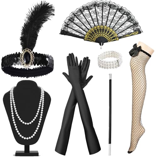 WENAUANG 8 Stück 20er Jahre Kostüm Damen, 20er Jahre Accessoires, Party Accessoires, Karneval Great Gatsby Outfit Accessoires, Kopfschmuck, Handschuhe, Perlenkette, Armband, Ohrringen, FaltfäCher von WENAUANG