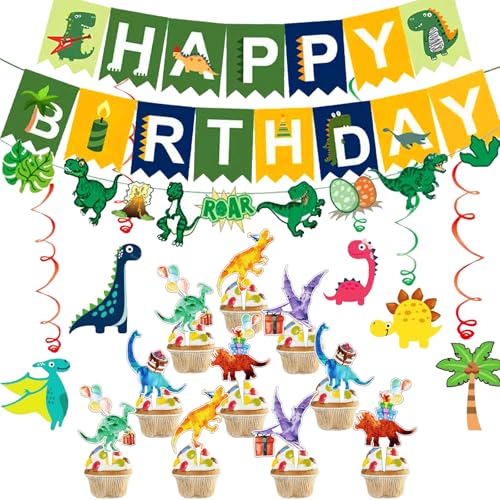 WENAUANG Geburtstag Deko Dinosaurier, Dinosaurier Bunting Girlande Hängende Deko,Happy Birthday Banner Dekoration für Kinder Dinosaurier Thema Party Deko von WENAUANG