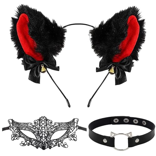 WENAUANG 3 Stück Katzenohren Haarreif, Cat Ears Stirnband Glöckchen mit Halsband in Katzenform Spitze Fuchsmaske, Katzeohren Anime Katze Cosplay für Karneval Halloween Maskenball Damen(Schwarz) von WENAUANG