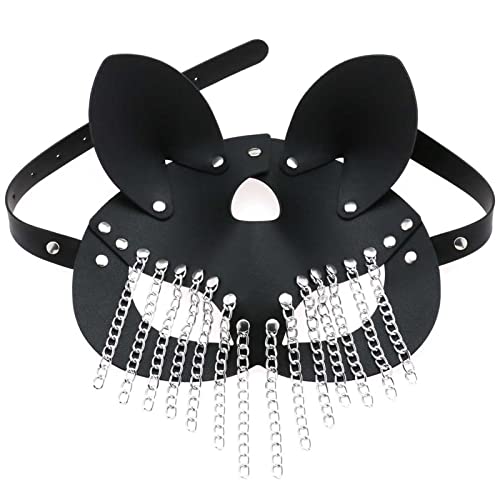 WENFEN Punk-Accessoires, Cosplay-Kostüm-Accessoires, Katzenmaske aus PU-Leder mit Kettenquasten for Damen und Herren, Kostüm, Cosplay, Halloween-Maske, mysteriöse Halbmaske von WENFEN