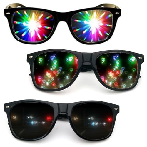 WENHYXG Party Brille, Beugungs Brille Herze Brille Herz Herzförmige Effekt Brille Rave Brille 3 Stück getönte Brillen Förmige Kaleidoskop Brille für Party Halloween Karneval Fasching von WENHYXG