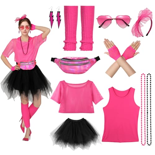 WERFORU 10 Pcs 80er Jahre Damen Set, Netzshirt Damen,Tank top,Bauchtasche, Stirnband, Damen Tüll Rock Schwarz, Herz Sonnenbrille, Netzhandschuhe, Ohrringe, Beinwärmer, Halskette für Karneval,Fasching WERFORU 10 Pcs 80er Jahre Damen Set, Netzshirt Damen,Tank top,Bauchtasche, Stirnband, Damen Tüll Rock Schwarz, Herz Sonnenbrille, Netzhandschuhe, Ohrringe, Beinwärmer, Halskette für Karneval,Fasching von WERFORU