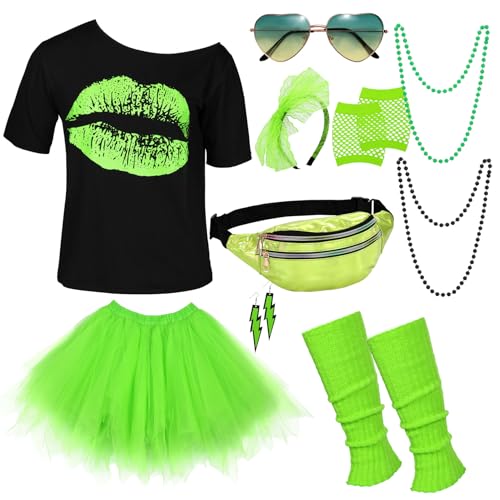 WERFORU 80er Jahre Outfit Damen Set Karneval Damen Set，T-Shirt, Tüll Rock， Herz Sonnenbrille，Stirnband， Netzhandschuhe， Halskette，Bauchtasche， Ohrringe，Beinwärmer von WERFORU