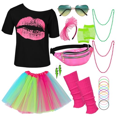 WERFORU 80er Jahre Outfit Damen Set Karneval Damen Set,T-Shirt,Tüll Rock,Herz Sonnenbrille,Stirnband, Netzhandschuhe,Halskette,Bauchtasche,Ohrringe,Beinwärmer,Silikonarmband von WERFORU